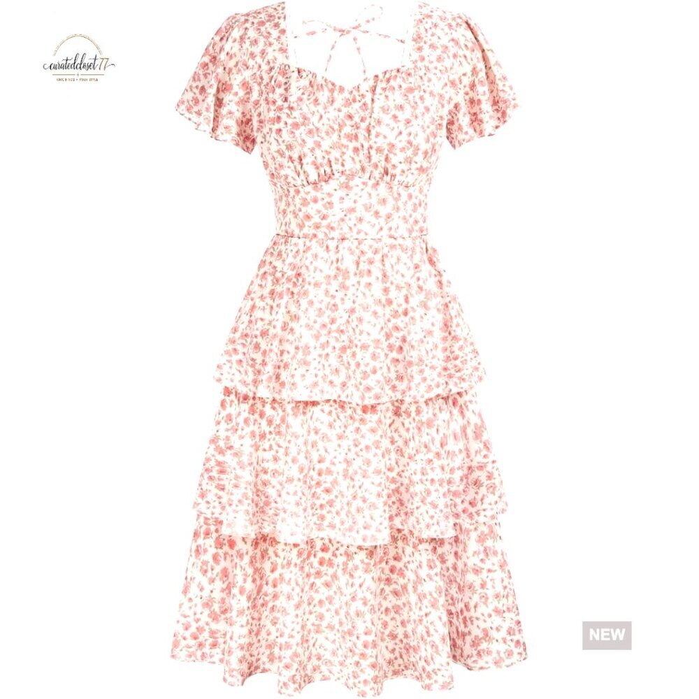 Vintage Square Neck Tiered Ruffle Midi Dress Short Sleeve Summer Swing
